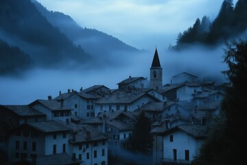 A fog-cloaked village nestled in rugged mountains, with mist enveloping the buildings and trees, evoking mystery and serene solitude at dusk.