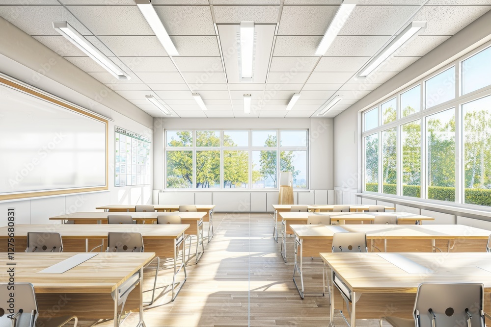 Poster bright and spacious empty classroom ready for students with large windows, minimalist design.