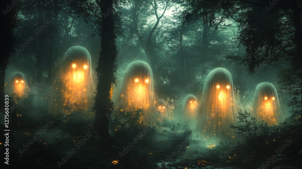 Poster mysterious group of ghostly figures in a haunted forest scene