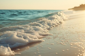 Golden sunlight caresses foamy waves as they gently kiss the sandy shore, capturing the essence of a peaceful and warm sunset beach moment.