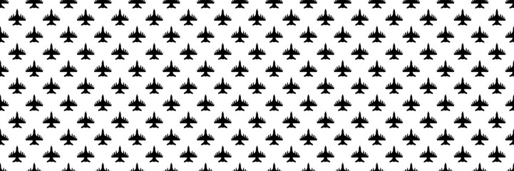 horizontal seamless of black fighter plane with bomb and missile on white.