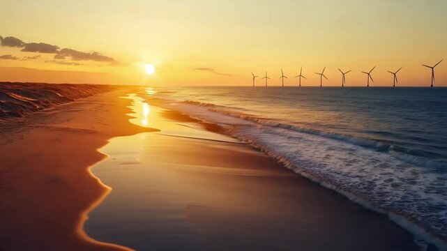 Serene Coastal Wind Turbines at Sunset 