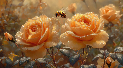 Honeybee visits pale orange roses in a garden at sunrise