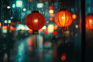 Warm orange lanterns glow softly on a rainy night, creating a cozy atmosphere amidst the blurred...