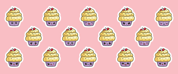 A set of stickers of cute cupcakes with different emotions in kawaii style. Vector colorful illustration of sweet dessert