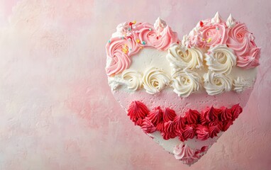 Soaring heart-shaped love cake with shades of pink, red, and white, pastel background