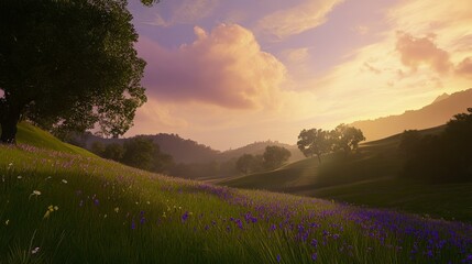 Stunning Sunrise Over Rolling Hills with Wildflowers