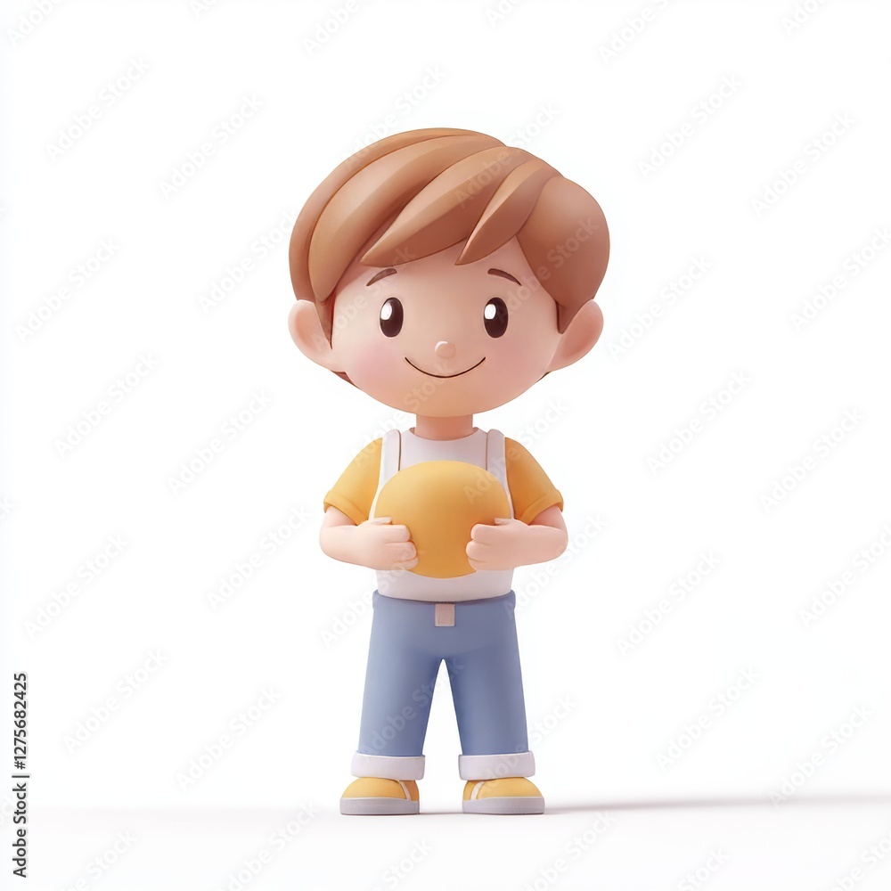 Poster cartoon child character holding a round object in 3d style