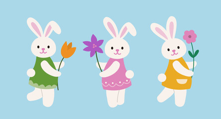 Set of spring Easter bunny holding a flower.
Easter rabbit.
Flat stock vector illustration.
Good for card,poster, banner, leaflet .