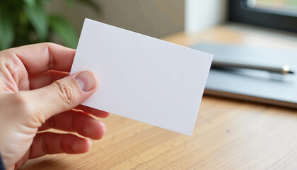 Obraz premium A close-up of a hand presenting a blank business card above a clean workspace, featuring subtle desk elements. This mockup highlights the card’s potential for showcasing contact information, branding 