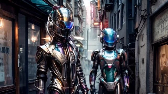 Two people in metallic suits stand in front of a building with neon lights. The scene is futuristic and industrial, with a sense of danger and excitement