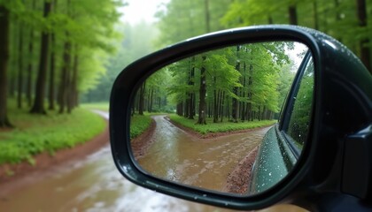 Rearview mirror reflects forest path on rainy day. Muddy road forks surrounded by green nature. Car side mirror shows adventure, offroad journey countryside.
