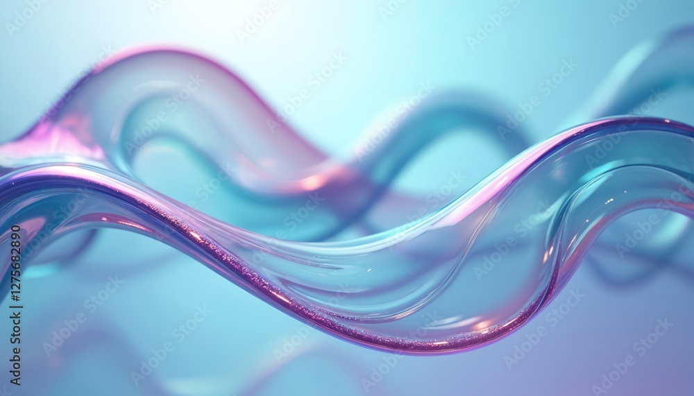 Poster Abstract background with iridescent ribbon glass morphism wave line. Colorful hologram gradient liquid shape glass render. Multicolored art design element.