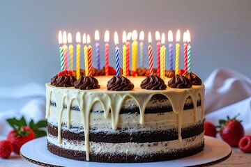 Luxurious Birthday Cake with Colorful Candles and Rich Chocolate Layers on a Pristine White Background