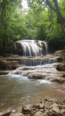Waterfall cascade, lush forest. Nature background