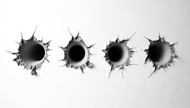 Concrete white wall with bullet holes. The concept of violence, war, shooting range, weapon, firearm. Marks of shots on surface. Impact, penetration, destruction. Crime scene or aftermath.
