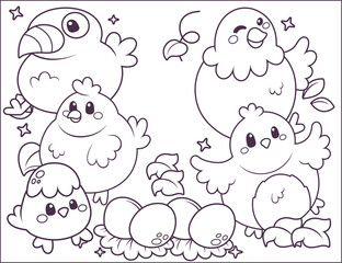 Hand-drawn kawaii-Chicken for kids to color