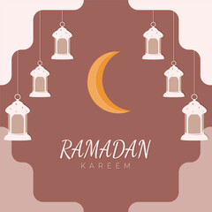 Ramadan kareem greeting card with laterns and moon. Vector illustration for holy muslim month.