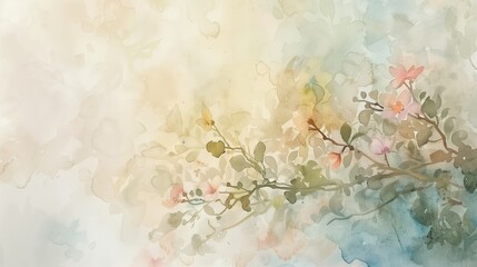 Soft pastel colors blend together in a delicate portrayal of flowering branches. The gentle hues create a serene atmosphere, ideal for enhancing interior decor or artistic projects