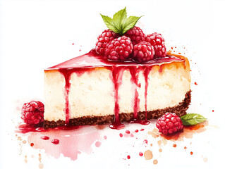 Slice of cheesecake with raspberries isolated on white. Classic watercolor illustration of cheesecake isolated on white background. Generative AI.