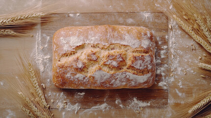 Freshly baked whole wheat bread on rustic wooden surface, surrounded by wheat stalks and flour, evokes warm, homey feeling. Perfect for healthy meals and baking enthusiasts