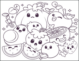 Hand-drawn kawaii-Fruits for kids to color