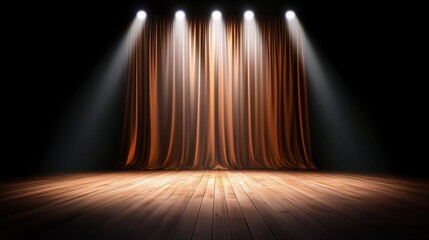 Obraz premium Stage with closed red velvet curtain under spotlights on wooden floor. Theater, presentation, event background