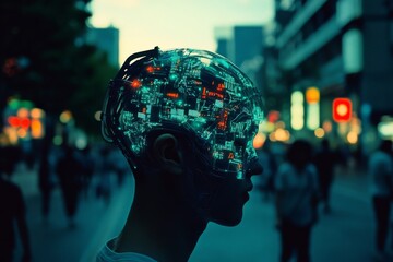 A silhouette with a circuit-filled head is set against a city backdrop, seamlessly blending human and technology, exploring modern identity.