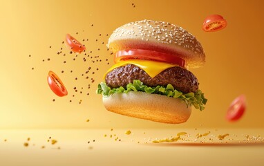 Flying classic American burger with sesame bun, tomato, and mustard burst, pastel background