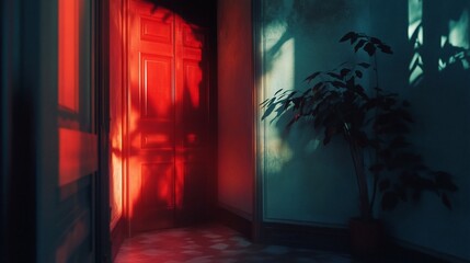 Red light illuminates hallway door and plant.