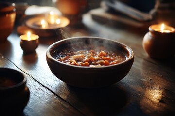 A steaming bowl of hearty stew sits on a rustic wooden table, surrounded by the warm glow of candlelight, creating a cozy ambiance.