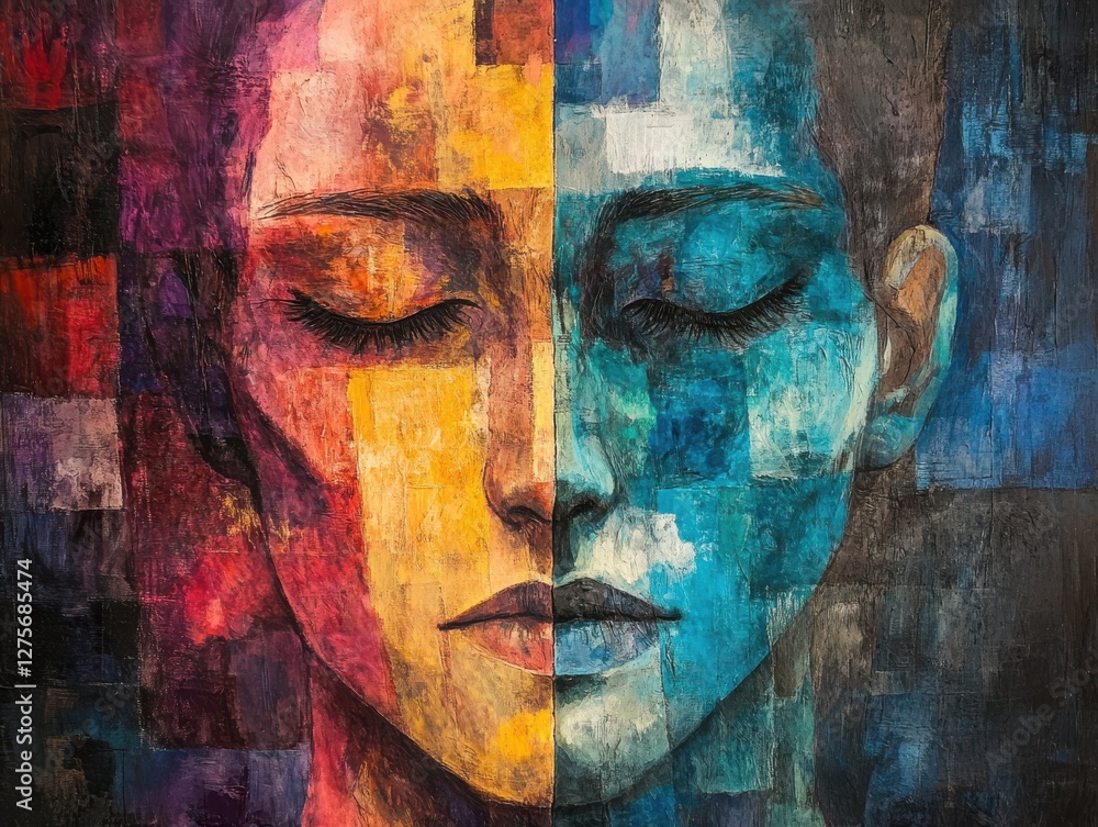 Poster abstract portrait of a woman with split color scheme and closed eyes, symbolizing emotion and identi
