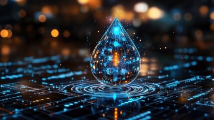 Abstract Digital Water Drop with Glowing Blue Circuits on a Dark Bokeh Background