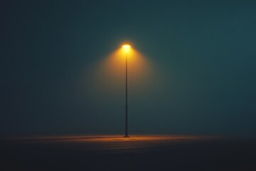 A lone streetlight casts a gentle pool of orange light on an otherwise dark and foggy night, evoking solitude and mystery.