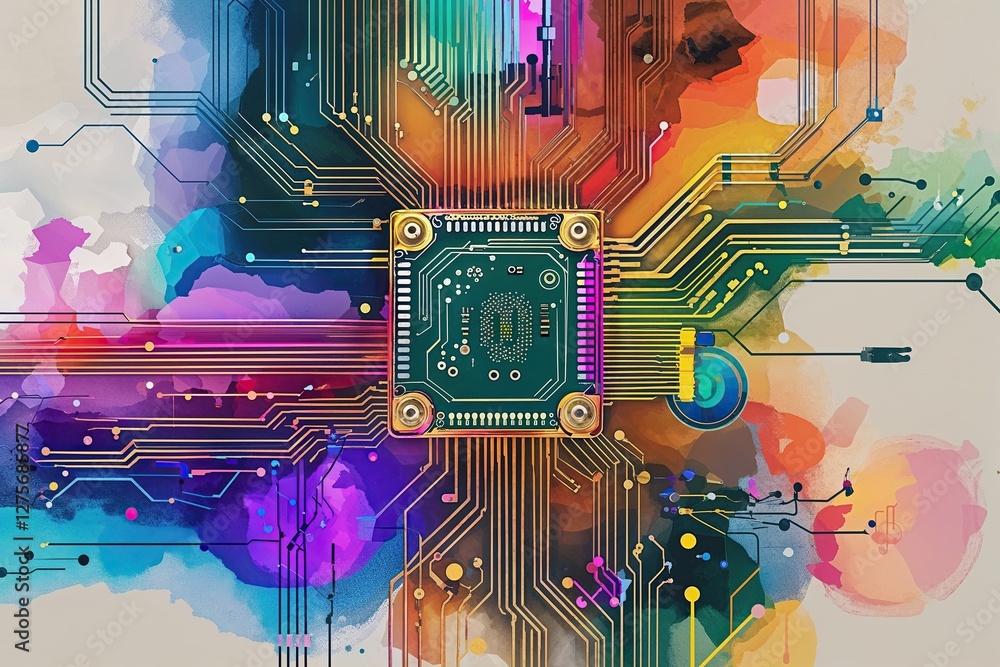 Poster elegant circuit design with playful vibrant overlays on a sophisticated canvas