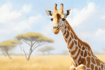 A giraffe stands tall in the savannah, its long neck reaching toward the sky as it moves gracefully across the vast, open landscape. The setting sun casts a golden hue over the scene.