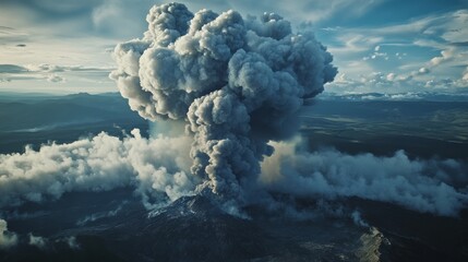 Fototapeta premium Volcanic natural gas emissions: A dramatic volcanic eruption scene showing gas clouds spreading, with visible warnings and affected surroundings,