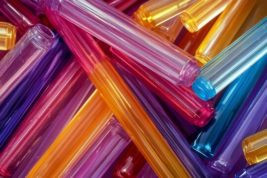 A mesmerizing collection of colorful plastic tubes intertwines randomly, showcasing a fusion of vibrant hues and textured reflections in an abstract chaos.