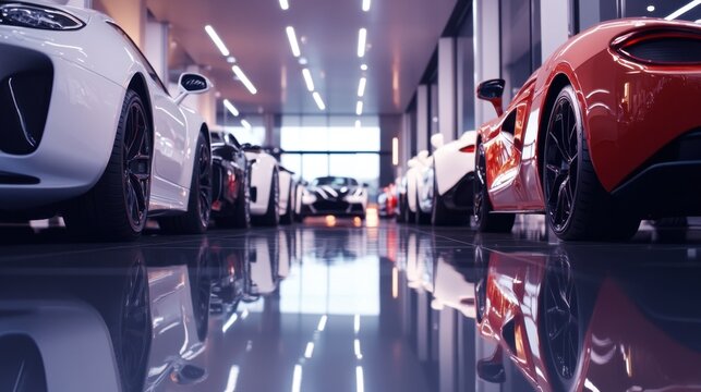 Car dealership showcasing a selection of vehicles in a spacious, minimalist showroom. Featuring sleek, modern design