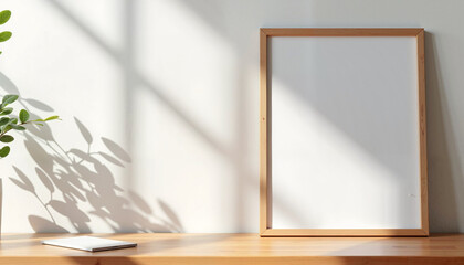 This wooden frame mockup features two frames positioned on a surface bathed in sunlight. The soft shadows and warm tones give it a natural and inviting appearance, perfect for displaying artwork