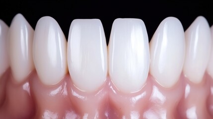 Close-up of white teeth with perfect alignment on black background. Dental health, orthodontics, medical illustration