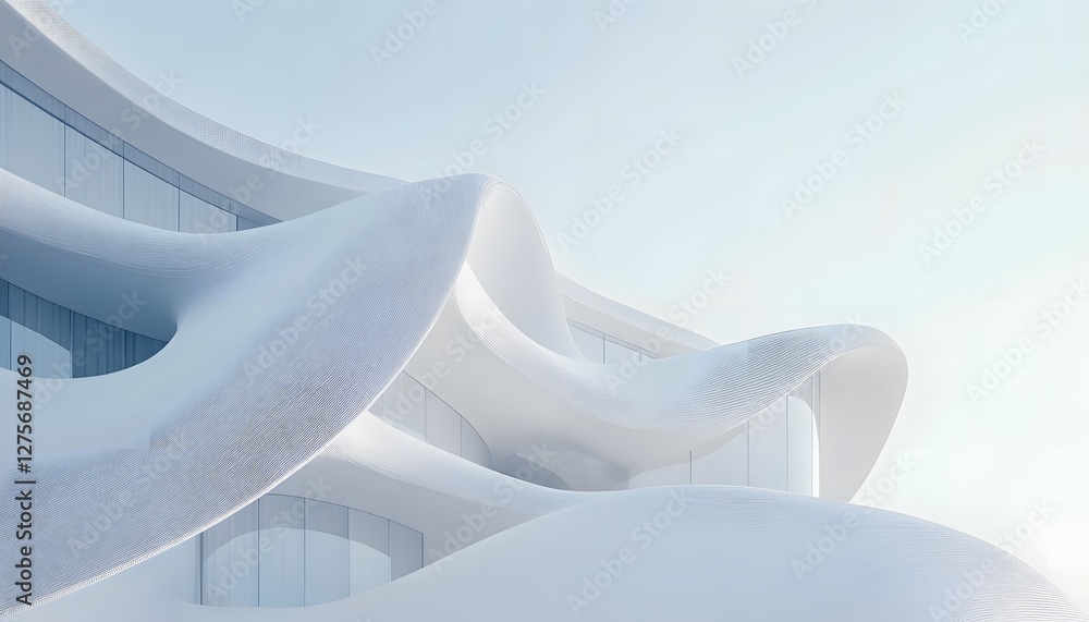 Poster abstract architecture with undulating white curves and glassy windows
