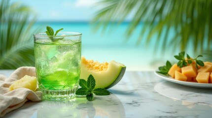 Fototapeta premium Refreshing summer cocktail with Midori liqueur and fresh melon garnishes
