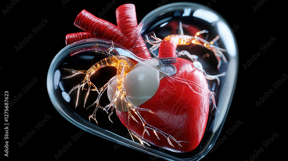 Poster 3d rendering of human heart with detailed arteries and veins encased in glass heart shape, showcasin