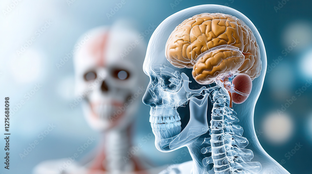 Poster detailed composite X ray image shows human skull and brain anatomy with focus on skeletal structure and nervous system