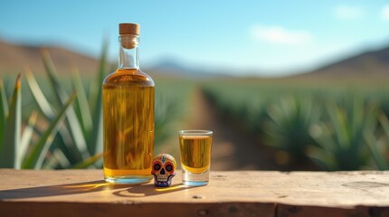 Enjoying tequila in a shot glass with agave fields in the background