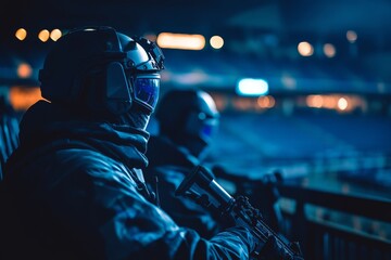 Two figures in tactical gear gaze into a dimly-lit arena, their vigil sharp and atmospheric, set against an unfocused crowd.