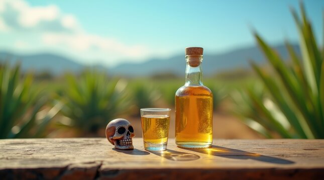Tequila shot glass and minimalist bottle with agave field backdrop in Mexico