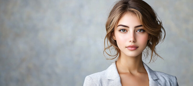 Portrait of a confident young business woman in contemporary fashion, ideal for professional profiles, career events, and marketing materials with ample copy space.