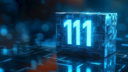 Obraz premium Glowing Digital Cube 3D Number 111 in Futuristic, Technological Style on Circuit Board